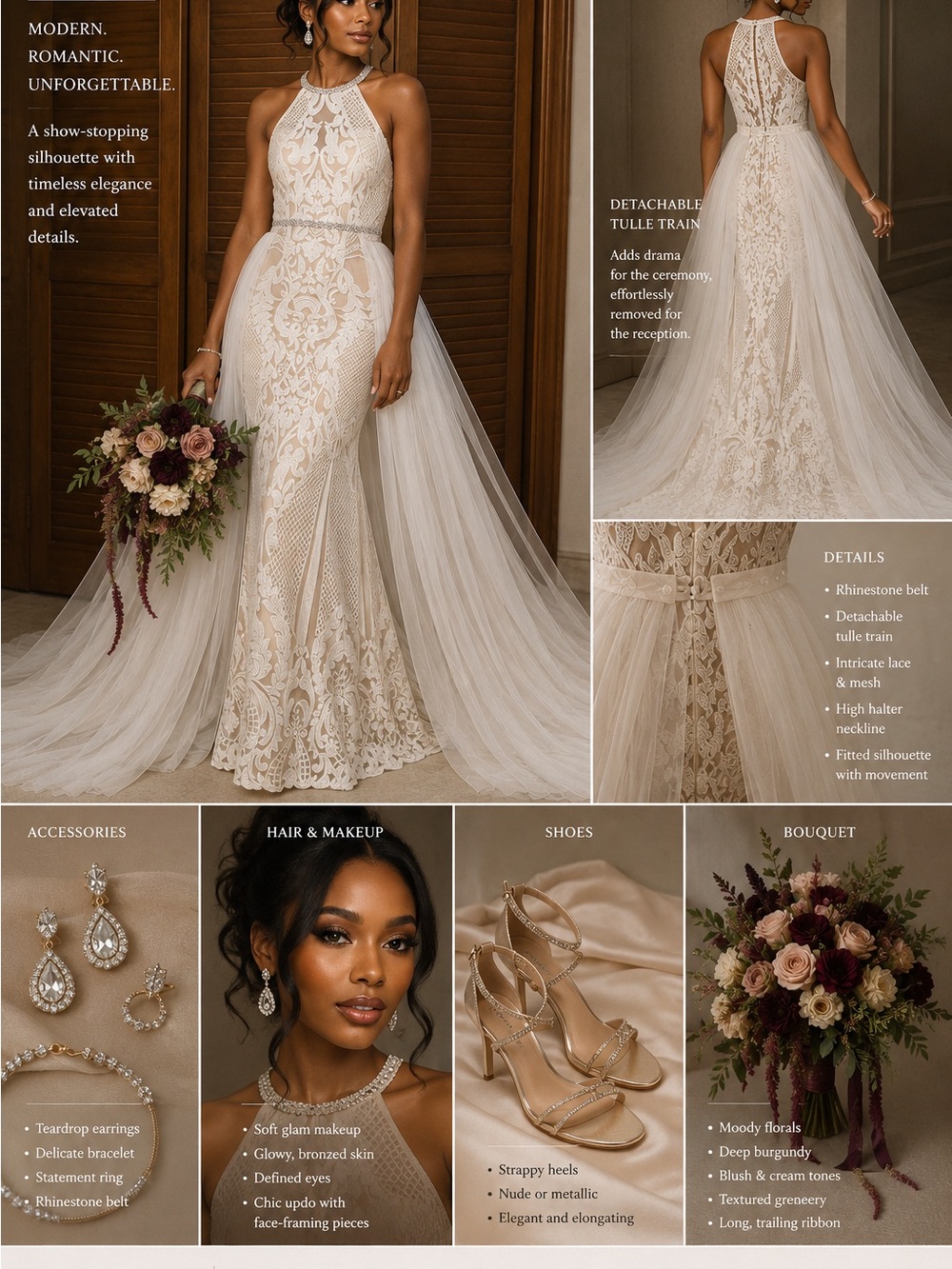 madison james Ivory Lace High Halter Maxi Gown with Detachable Tulle Train